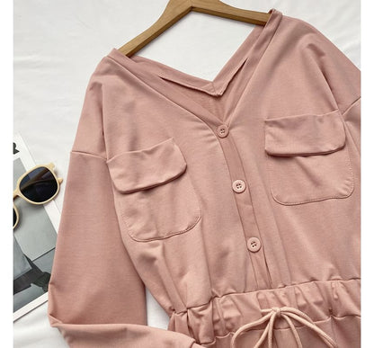 Long-Sleeve V-Neck Plain Button-Up Drawstring Romper