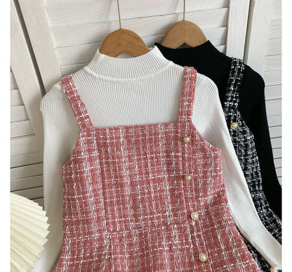 Set: Long-Sleeve High Neck Plain Ribbed Knit Top + Tweed Plaid Mini Dungaree Dress