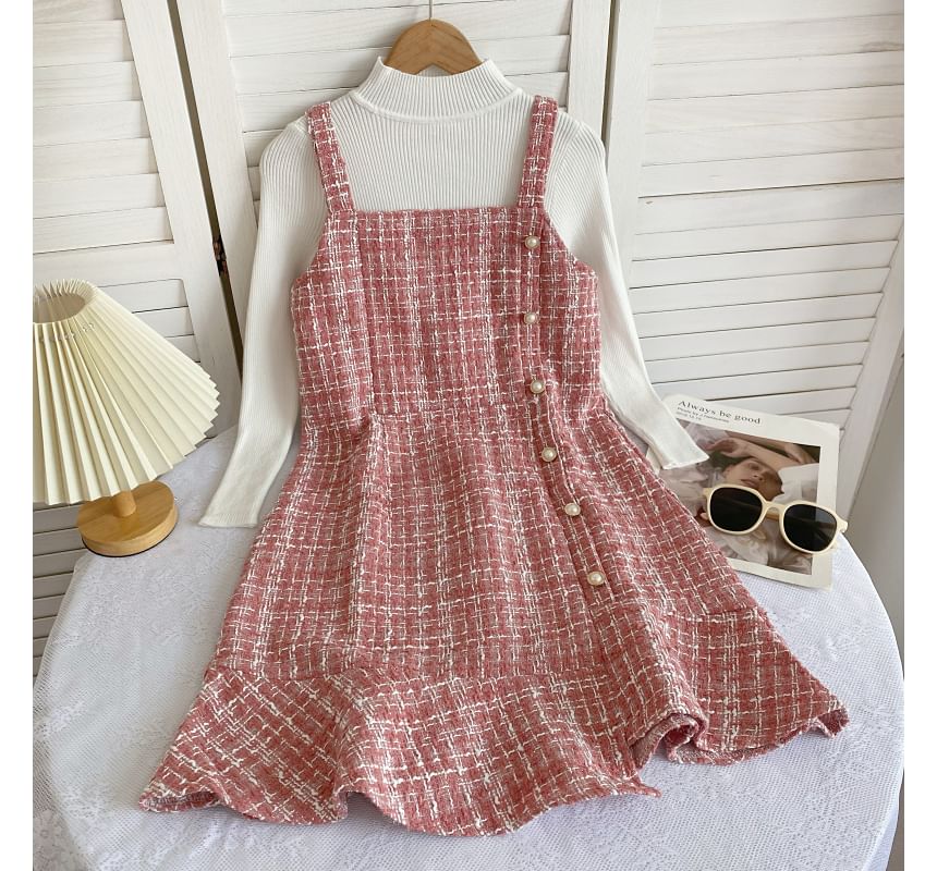 Set: Long-Sleeve High Neck Plain Ribbed Knit Top + Tweed Plaid Mini Dungaree Dress