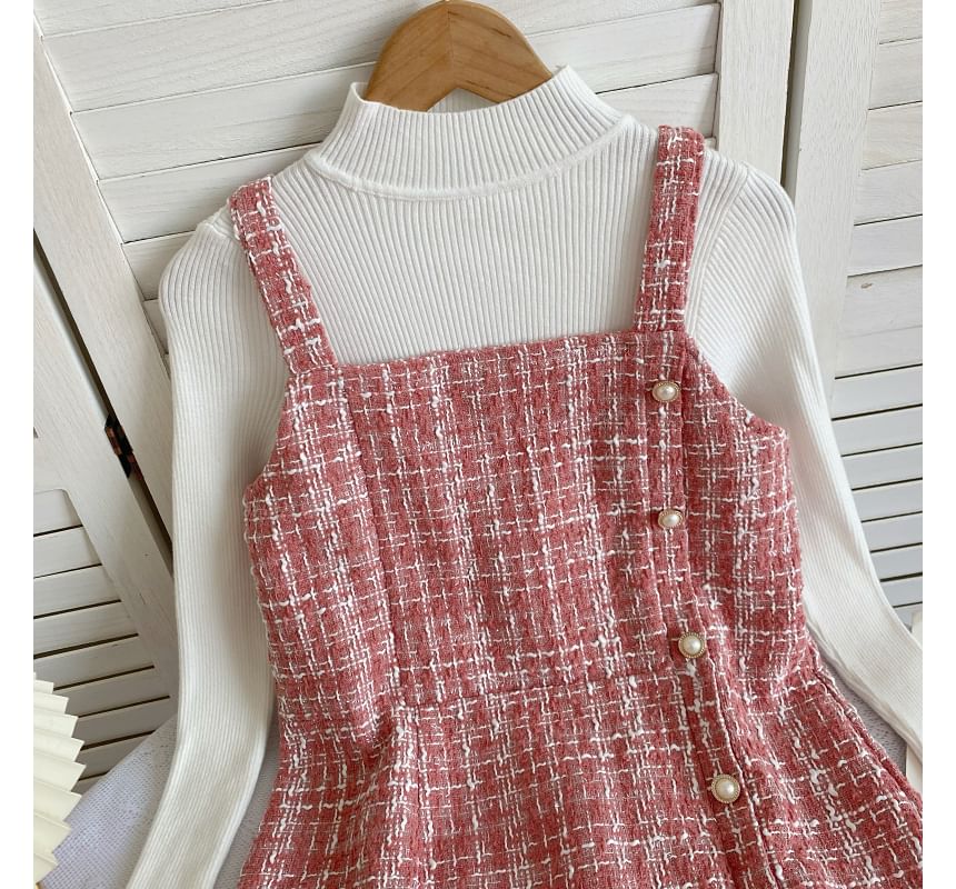 Set: Long-Sleeve High Neck Plain Ribbed Knit Top + Tweed Plaid Mini Dungaree Dress