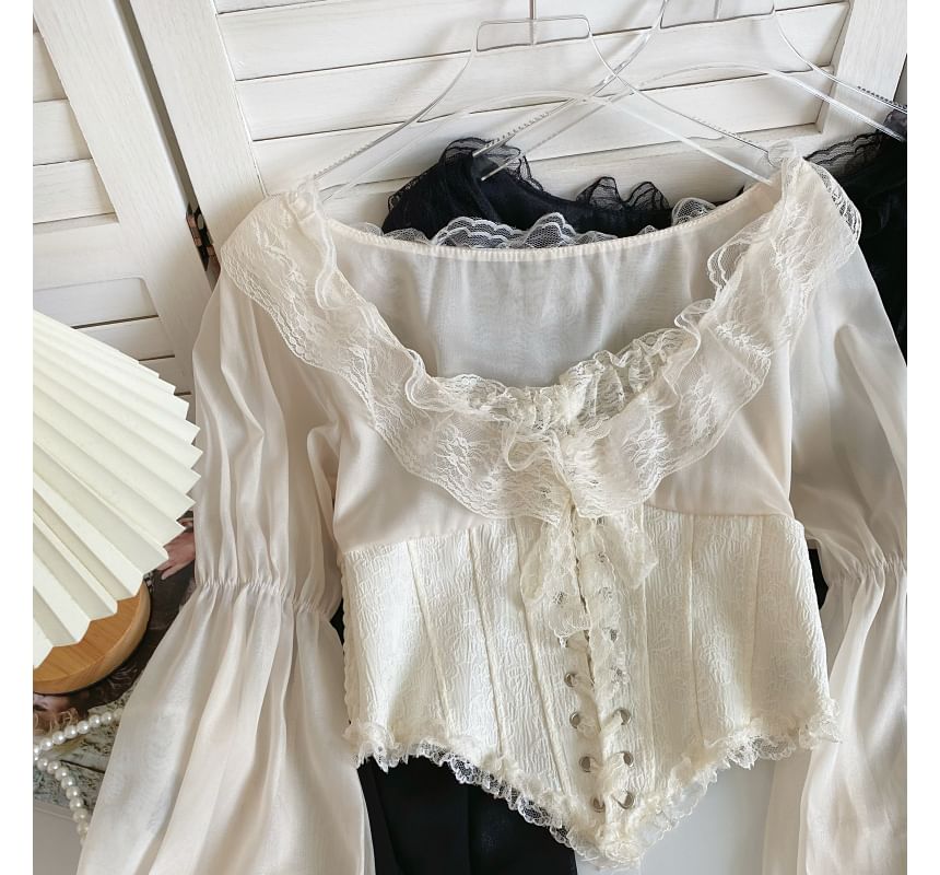 Puff-Sleeve Scoop Neck Lace Ruffle Lace-Up Crop Blouse