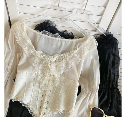 Puff-Sleeve Scoop Neck Lace Ruffle Lace-Up Crop Blouse