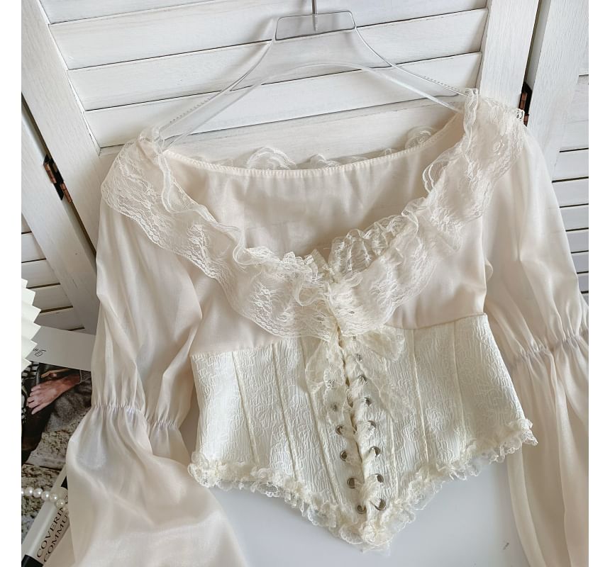 Puff-Sleeve Scoop Neck Lace Ruffle Lace-Up Crop Blouse