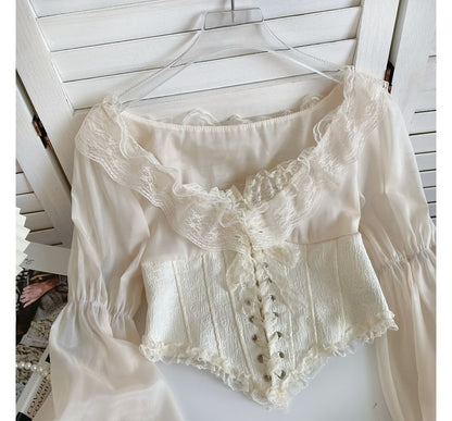 Puff-Sleeve Scoop Neck Lace Ruffle Lace-Up Crop Blouse