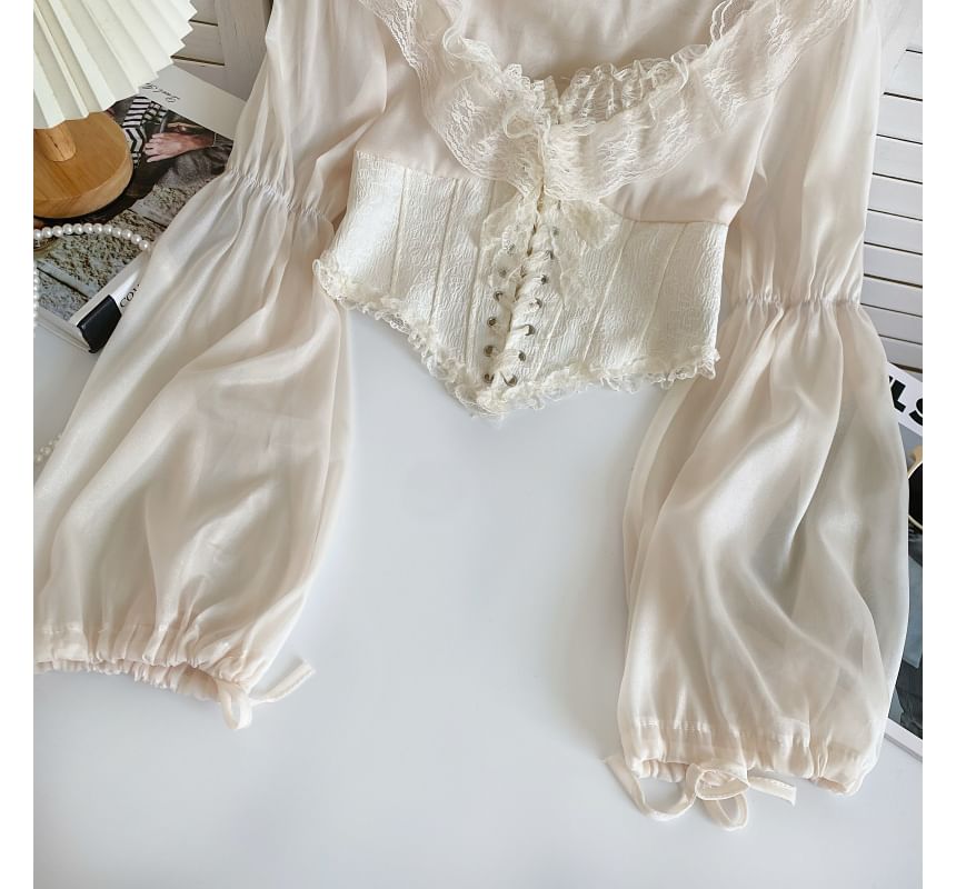 Puff-Sleeve Scoop Neck Lace Ruffle Lace-Up Crop Blouse