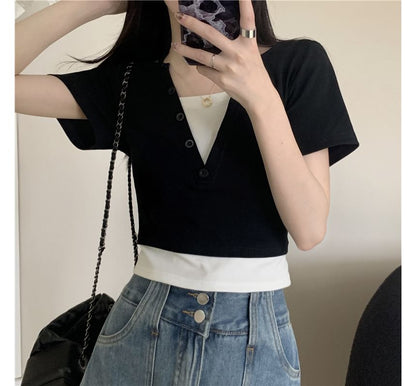 Mock Two-Piece Short-Sleeve Halter Top