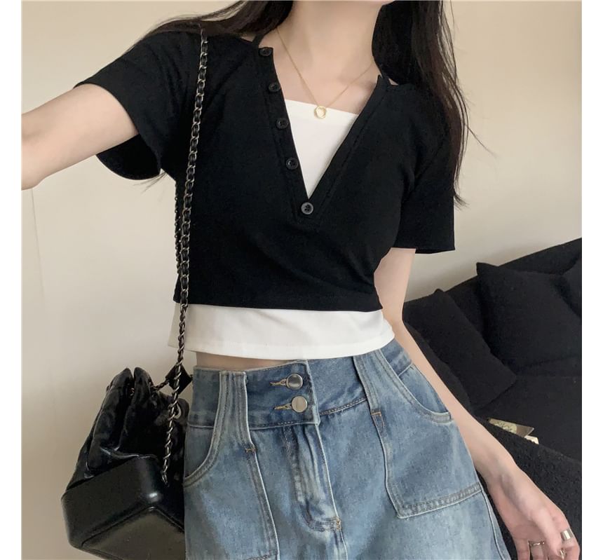 Mock Two-Piece Short-Sleeve Halter Top