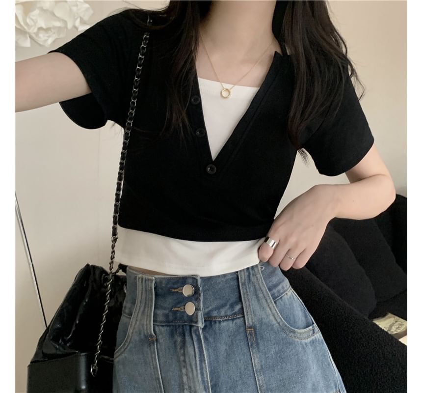 Mock Two-Piece Short-Sleeve Halter Top