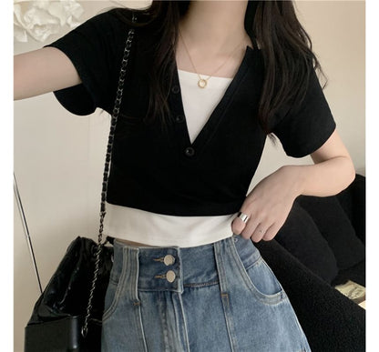 Mock Two-Piece Short-Sleeve Halter Top