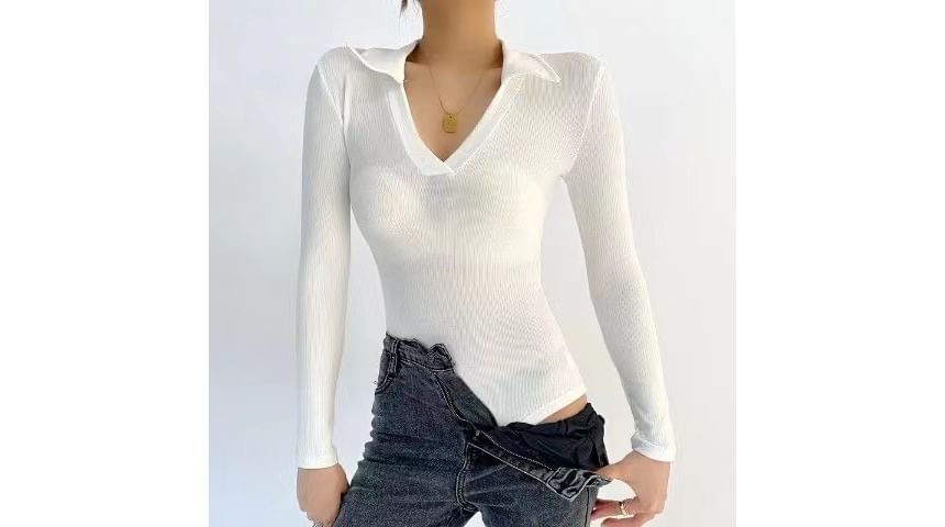 Long-Sleeve Plain Polo-Neck Ribbed Bodysuit Top