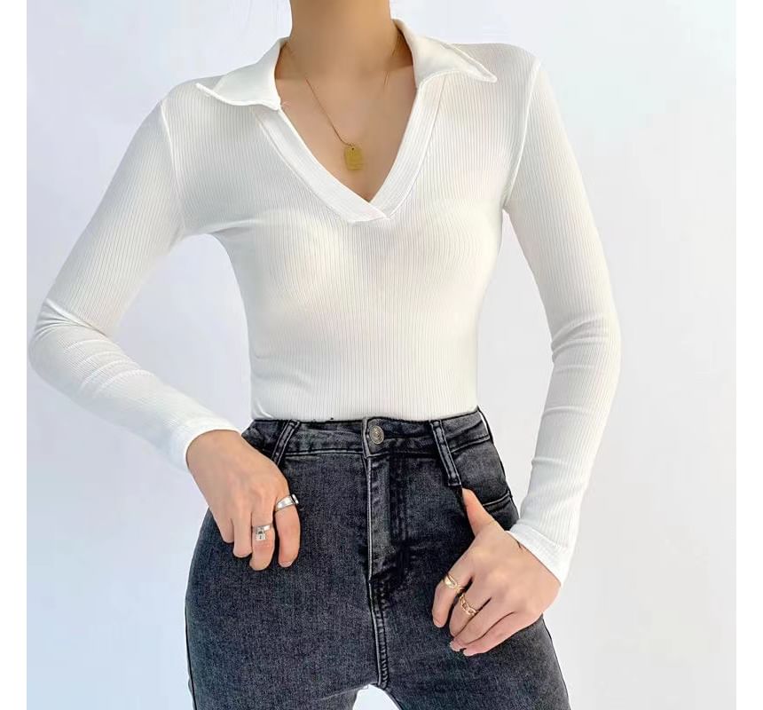 Long-Sleeve Plain Polo-Neck Ribbed Bodysuit Top