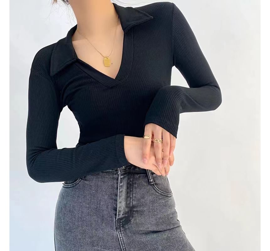 Long-Sleeve Plain Polo-Neck Ribbed Bodysuit Top