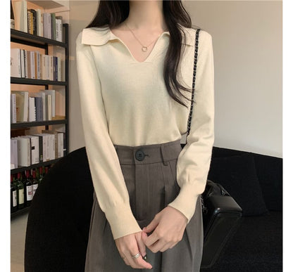 Long-Sleeve Collared Plain Knit Top