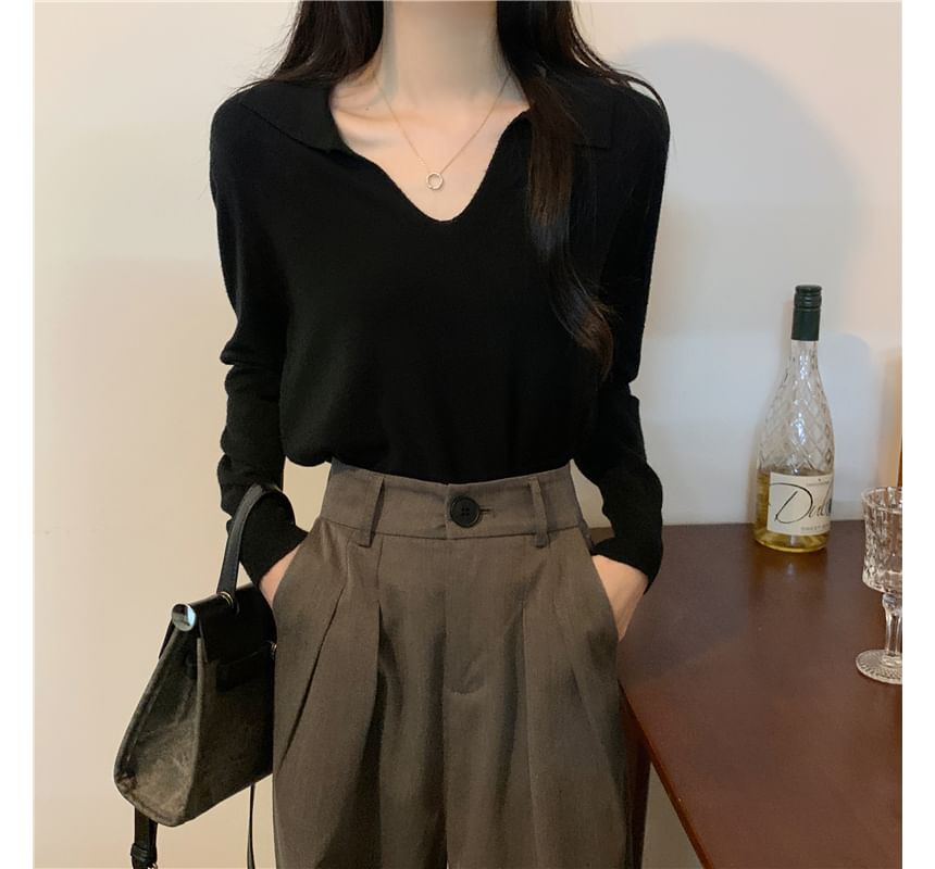 Long-Sleeve Collared Plain Knit Top