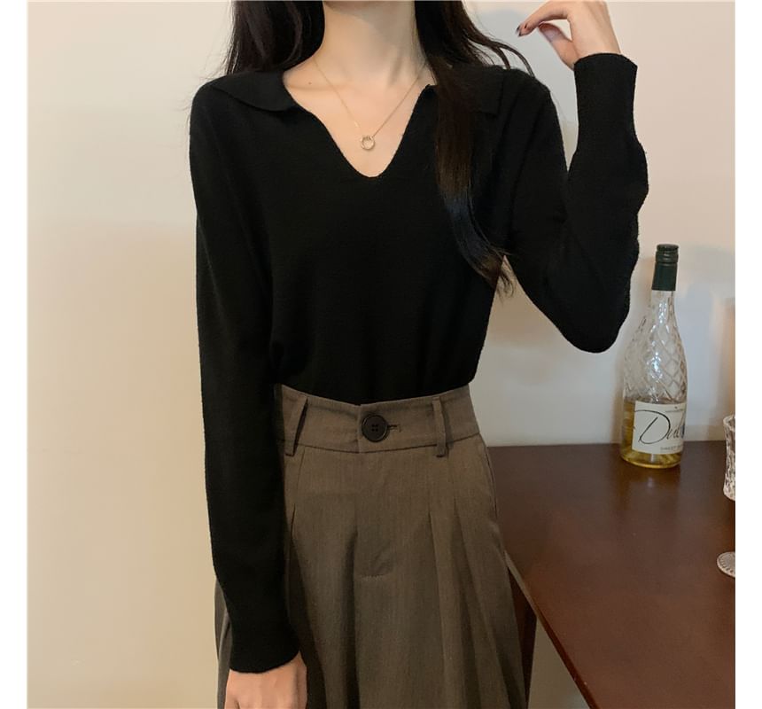 Long-Sleeve Collared Plain Knit Top