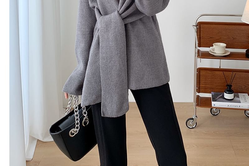 Long-Sleeve V-Neck Plain Ribbed Knotted Sweater