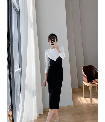 Long-Sleeve Crew Neck Two Tone Knit Midi Sheath Dress