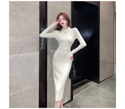 Long-Sleeve Stand Collar Plain Keyhole Ribbed Knit Midi Sheath Dress