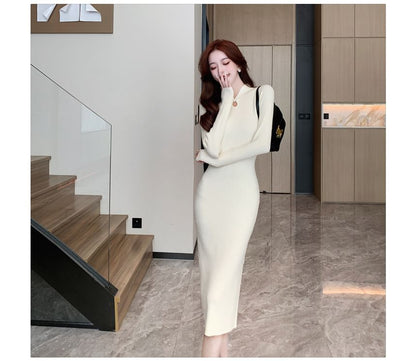 Long-Sleeve Stand Collar Plain Keyhole Ribbed Knit Midi Sheath Dress