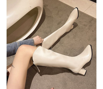 Chunky Pointy Leather Boots Heel Faux Tall