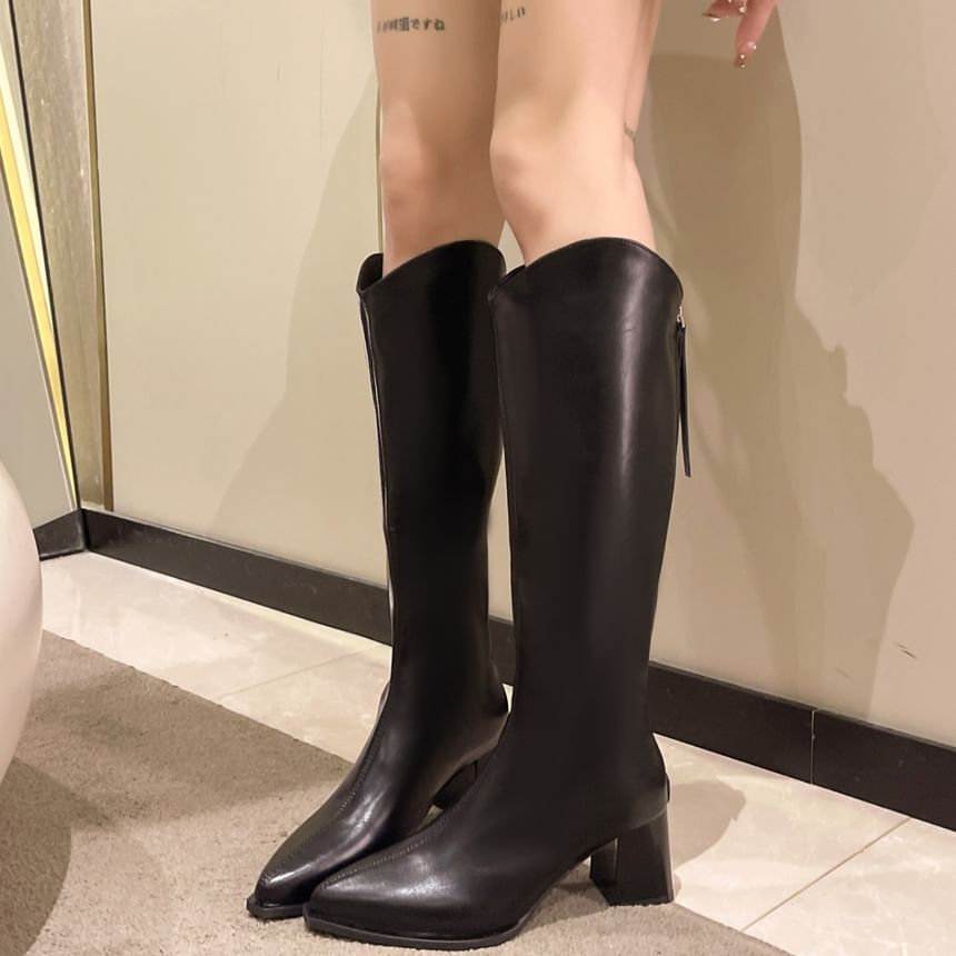 Chunky Pointy Leather Boots Heel Faux Tall