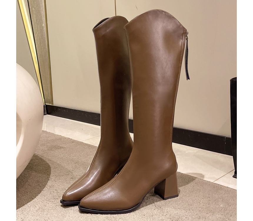 Chunky Pointy Leather Boots Heel Faux Tall