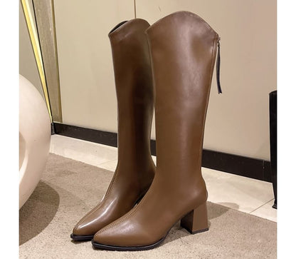 Chunky Pointy Leather Boots Heel Faux Tall