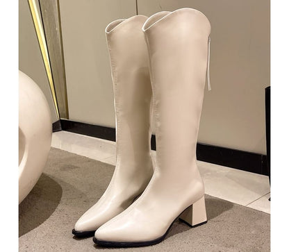 Chunky Pointy Leather Boots Heel Faux Tall