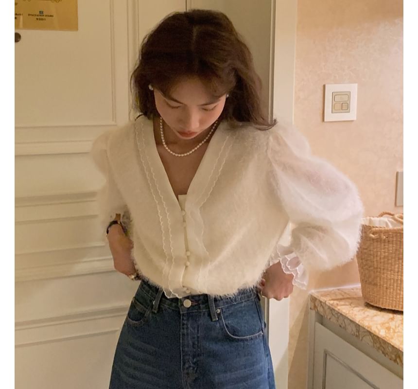 V-Neck Scallop Trim Blouse