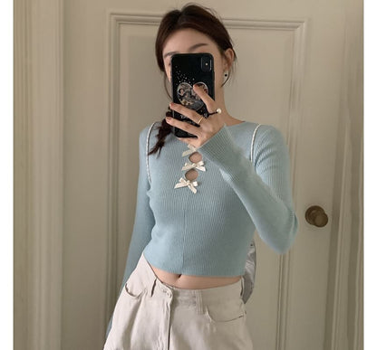 Round Neck Plain Bow Cutout Ribbed Cropped Sweater