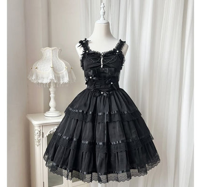 Lolita Spaghetti Strap V-Neck Ruffle Trim  Tiered A-Line Dress / Gloves / Set