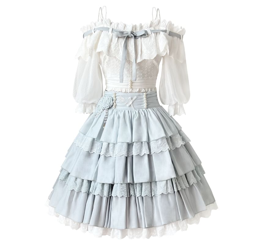 Lolita Short-Sleeve Cold Shoulder Bow Top / Mid Waist Mini Tiered Skirt / Set