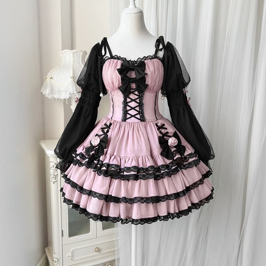 Lolita Long-Sleeve Square Neck Lace Trim Mini A-Line Dress / Crinoline / Set