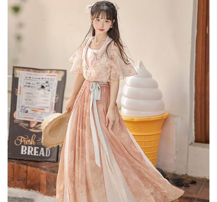 Short-Sleeve Lolita Floral Wrap Top / Camisole Top / High Waist Maxi A-Line Skirt / Set