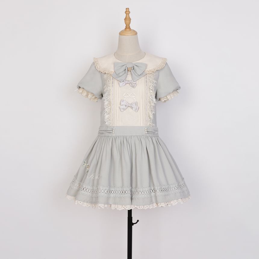 Lolita Short-Sleeve Collar Bow Accent  Mini A-Line  Dress