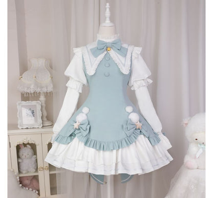 Lolita Long-Sleeve Collared Bow Lace Trim Mini A-Line Dress / Crinoline / Set