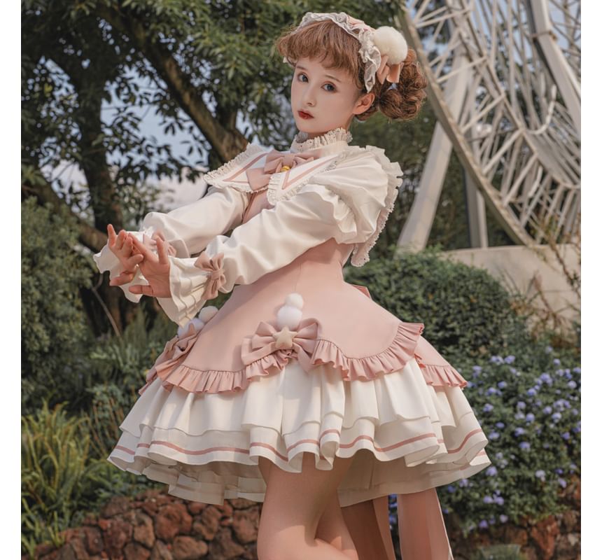 Lolita Long-Sleeve Collared Bow Lace Trim Mini A-Line Dress / Crinoline / Set