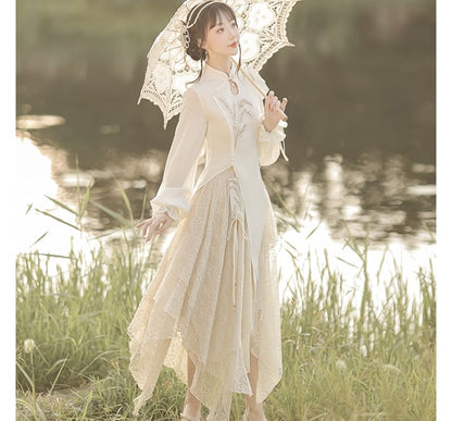 Lolita Long-Sleeve Embroidered Hanfu Blouse / Mid Rise Lace Midi A-Line Skirt / Set