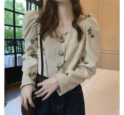 Puff-Sleeve Flower Embroidered Blouse