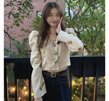 Puff-Sleeve Flower Embroidered Blouse