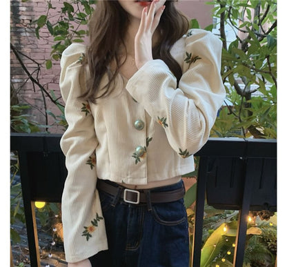 Puff-Sleeve Flower Embroidered Blouse