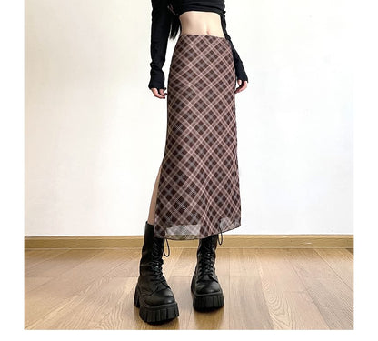 Midi A-Line Mid Skirt Plaid Waist