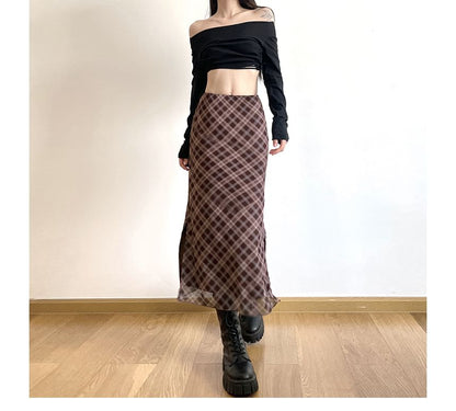 Mid Plaid A-Line Waist Midi Skirt
