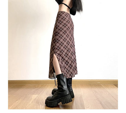Mid Plaid A-Line Waist Midi Skirt
