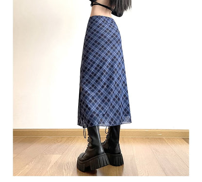 Mid Plaid A-Line Waist Midi Skirt
