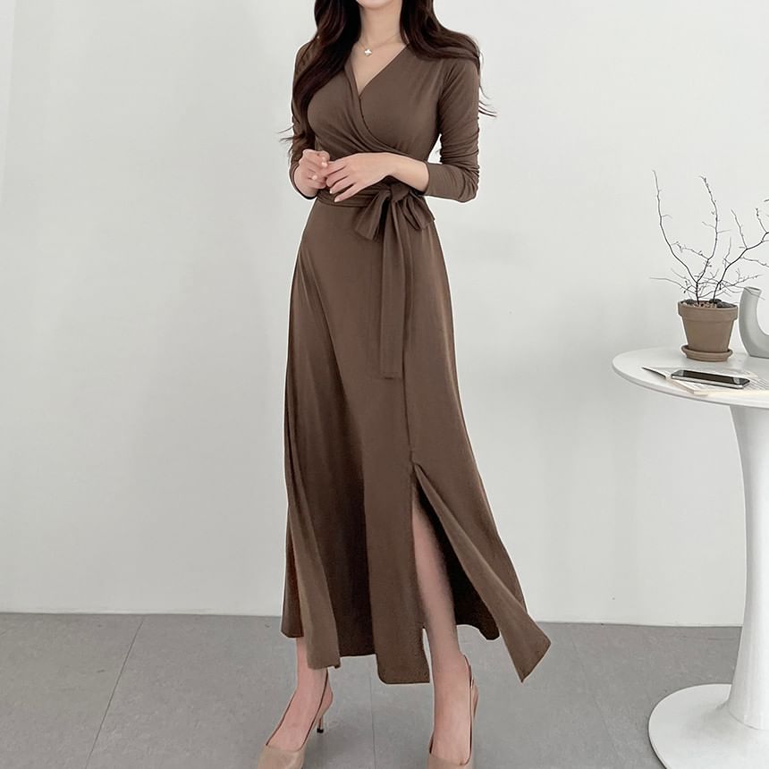 Long-Sleeve V-Neck Plain Wrap Tie-Front Slit Midi A-Line Dress