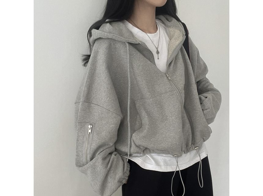 Plain Drawstring Zip Hoodie