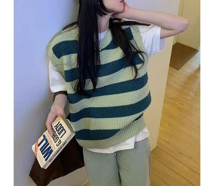 Sleeveless Striped Knit Round Vest Neck