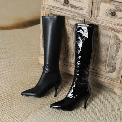 Stiletto Pointed Toe Plain Faux Leather Tall Boots