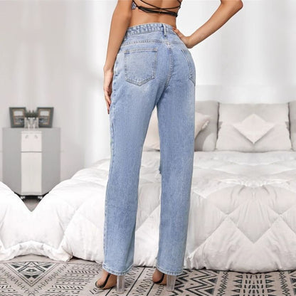 High Rise Graphic & Lettering Print Distressed Straight-Fit Wide-Leg Jeans